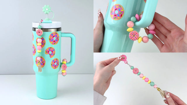Three tumbler upgrades displayed - a straw with a daisy topper, a beaded charm cable, and a UV DTF wrapped tumbler.
