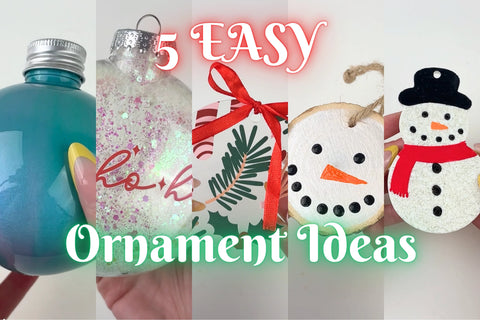 Five Christmas DIY ornament ideas displayed together - marble effect, snow-filled UV DTF, wooden snowman, and glittery resin pieces.