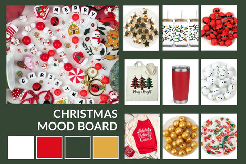 Christmas craft mood board showing red and green palette with snow accents, focal beads, UV DTF wraps, and tumblers.