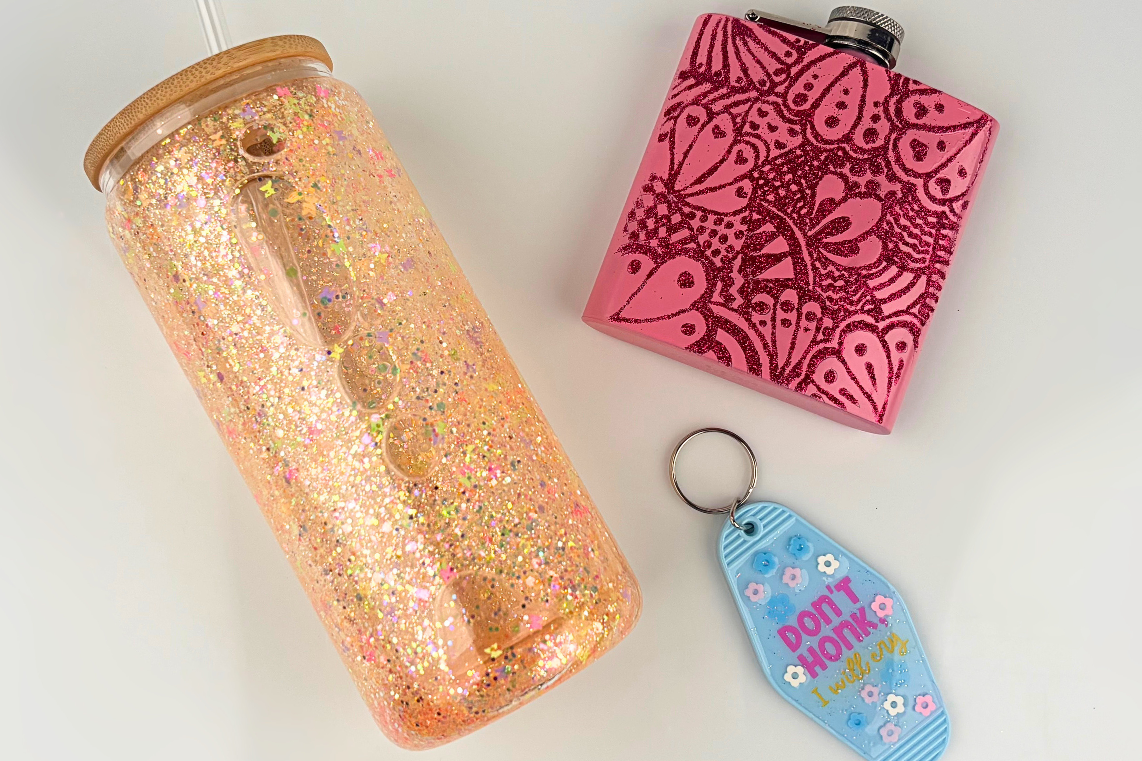 Three project ideas using glitter, shaped glitter, or polymer clay slices.