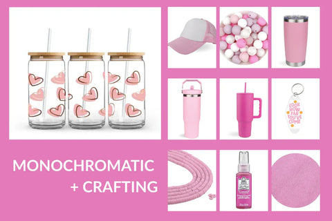 Monochrome pink craft project showing layered shades of blush, rose, and pink with textured elements.