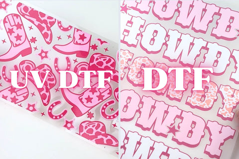 Side by side comparison of a UV DTF transfer applied to a glass tumbler and a DTF heat transfer applied to a canvas tote bag.