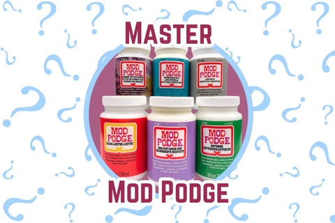 A variety of Mod Podge formulas (matte, gloss, sparkle, outdoor, dishwasher safe) displayed alongside finished decoupage craft projects.