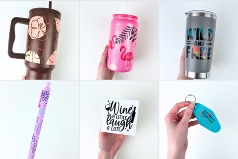 Five different UV DTF transfer sizes laid out side by side - 2 inch keychain decals, 3.5 inch coaster transfers, 4.25 inch pen wraps, 9.7 inch can cup wraps, and 11 inch tumbler wraps.