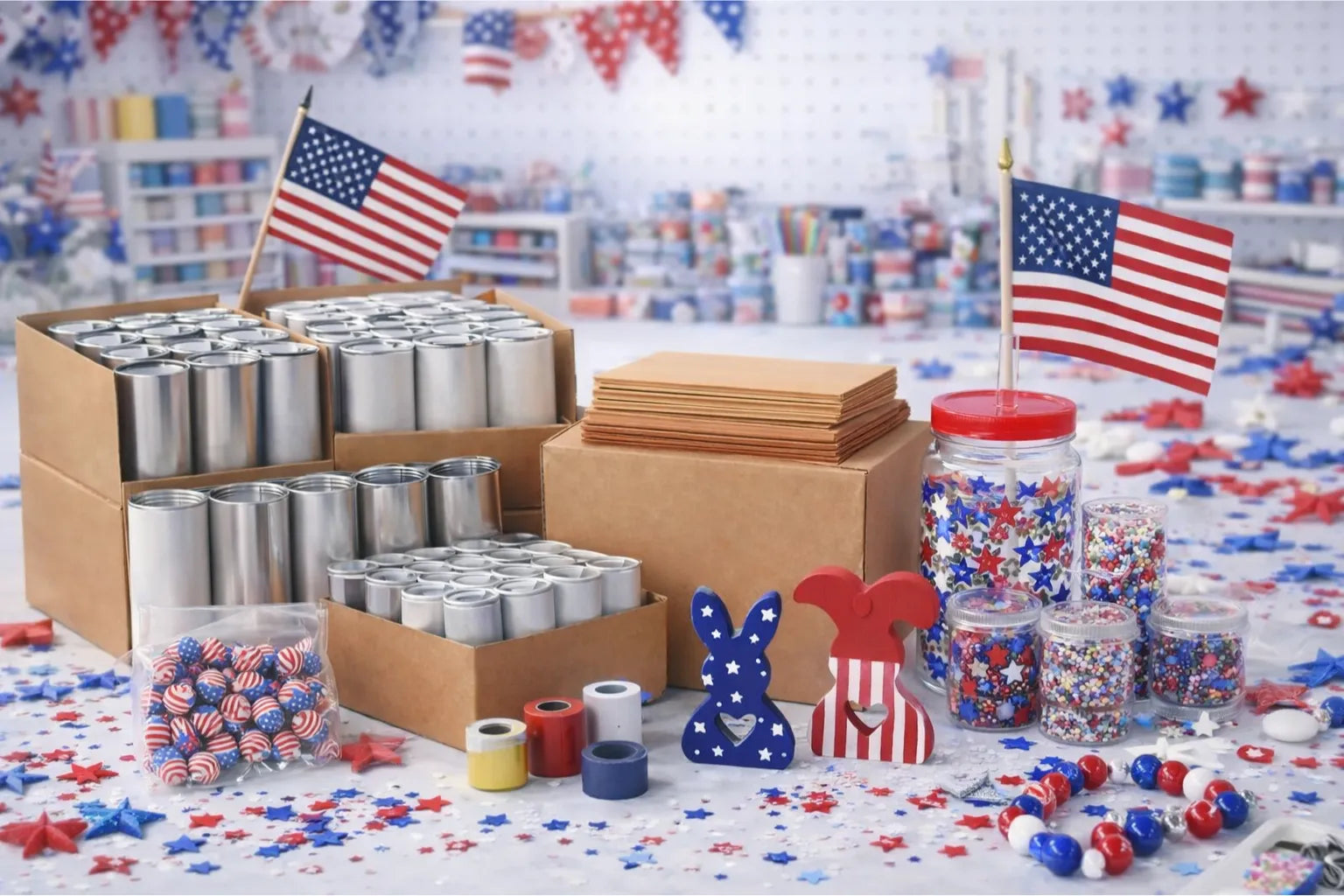 Patriotic craft supplies, blank tumblers, beads, wooden shapes, glitter, USA flags, fast shipping