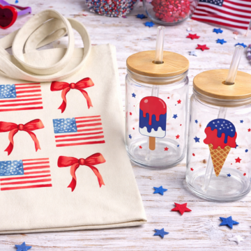 Americana craft supplies including patriotic tote bag and mason jar tumblers, fast shipping USA