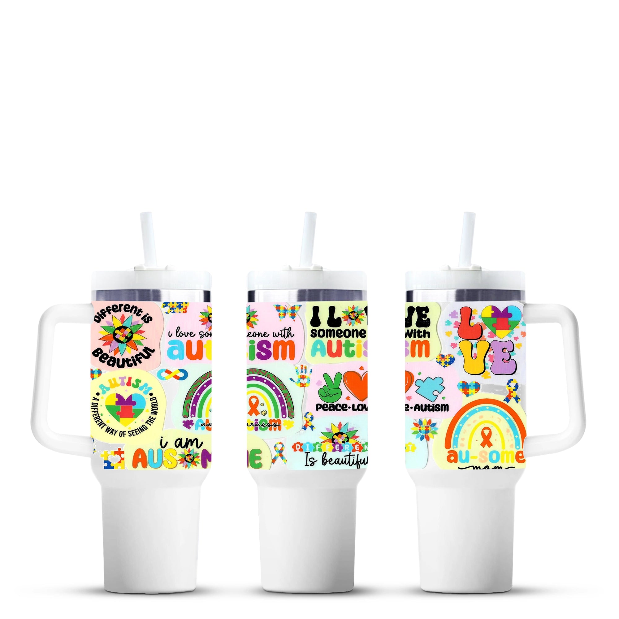 Autism awareness 40oz tumbler with colorful text and symbols, Master Maker Crafts, fast shipping Ohio DIY Craft Warehouse