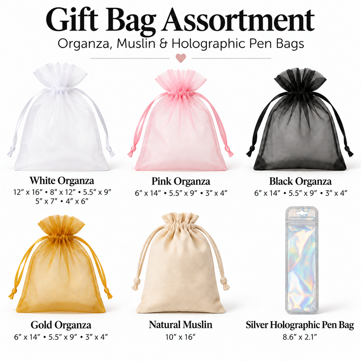 Organza, Holographic & Muslin Gift Bags – 16,770/LOT