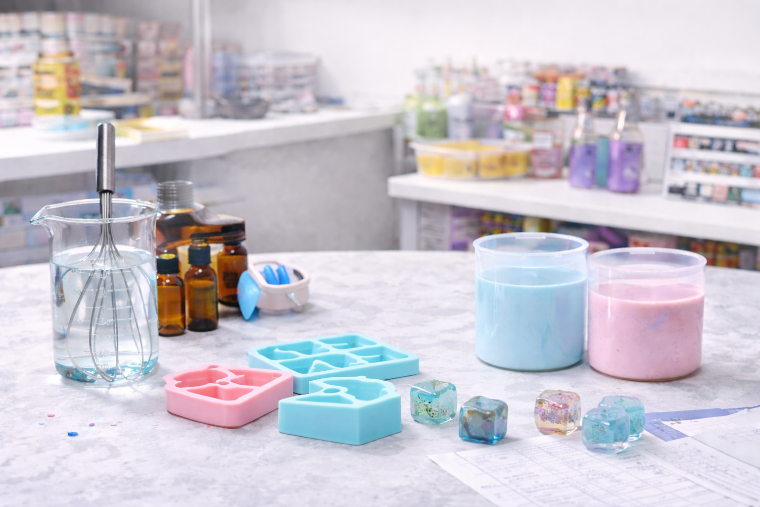Resin crafting supplies, silicone molds, measuring beaker, and colored resin on a craft table.