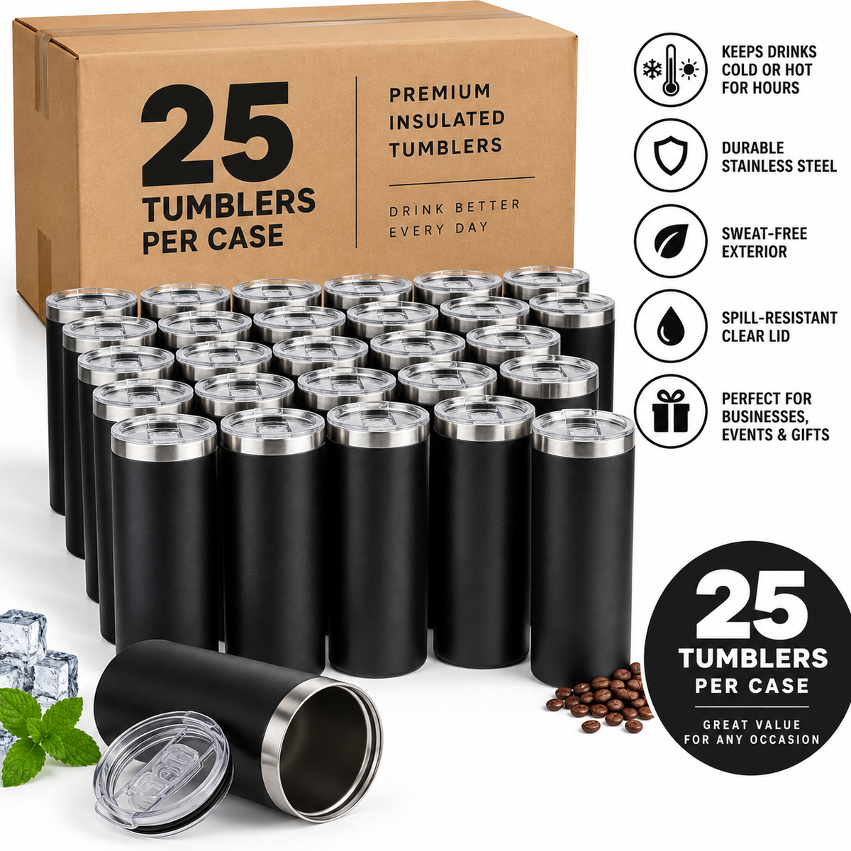 20 oz Tall Skinny Tumbler - Black (25/Case)