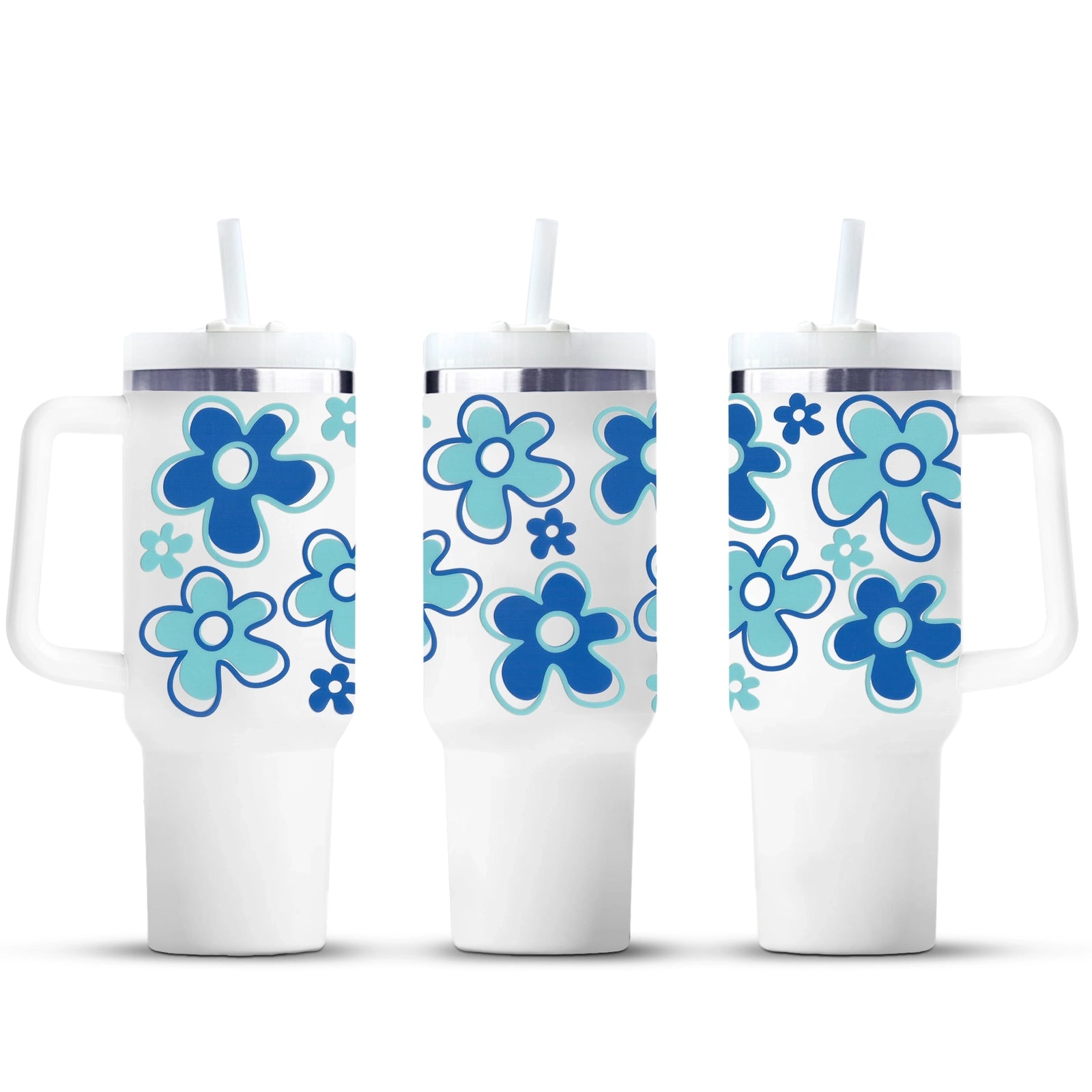 Blue funky floral travel mugs with handles, Master Maker Crafts, wholesale craft supplies Ohio