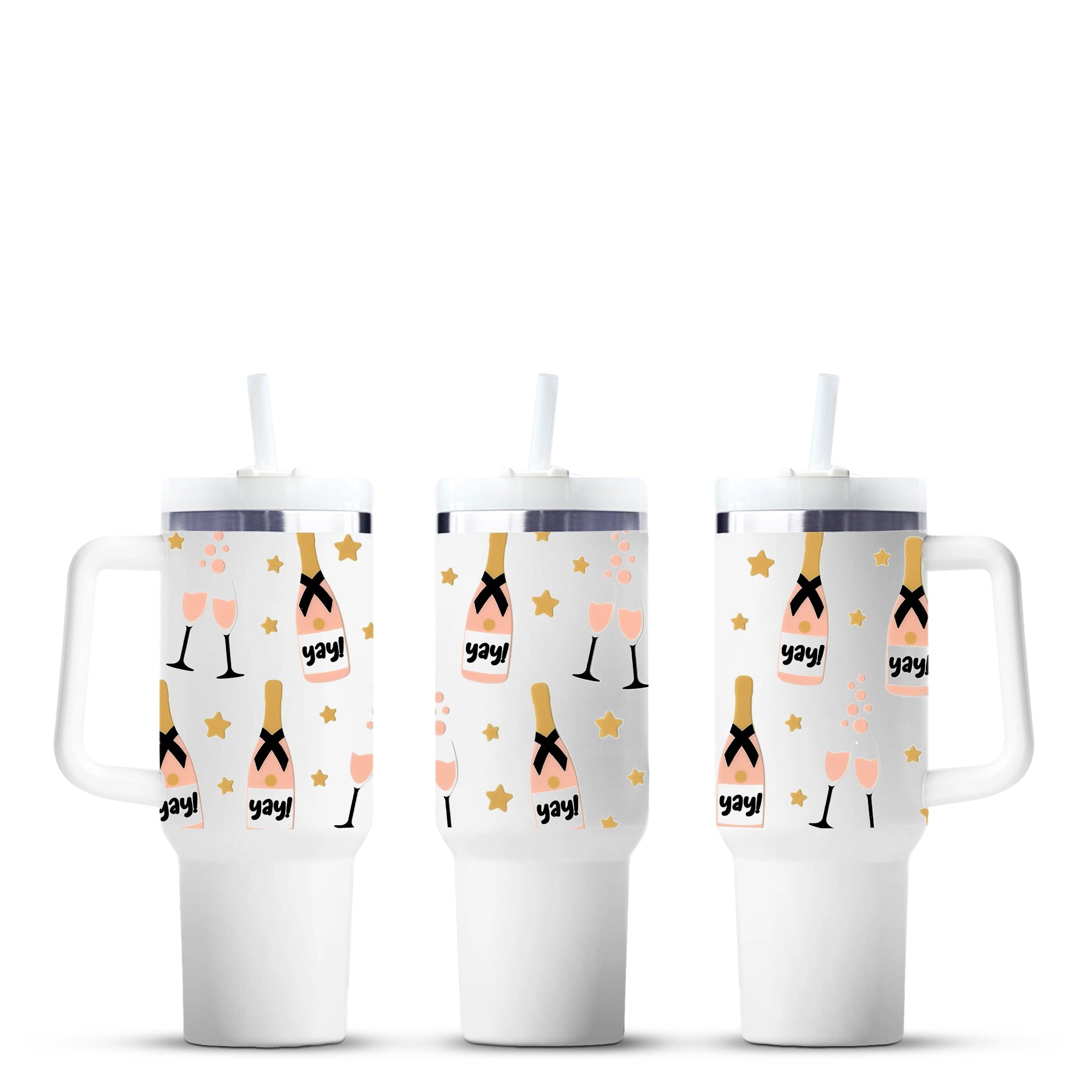Champagne cheers travel mugs with bottles, glasses, stars; Master Maker Crafts, wholesale Ohio DIY Craft Warehouse
