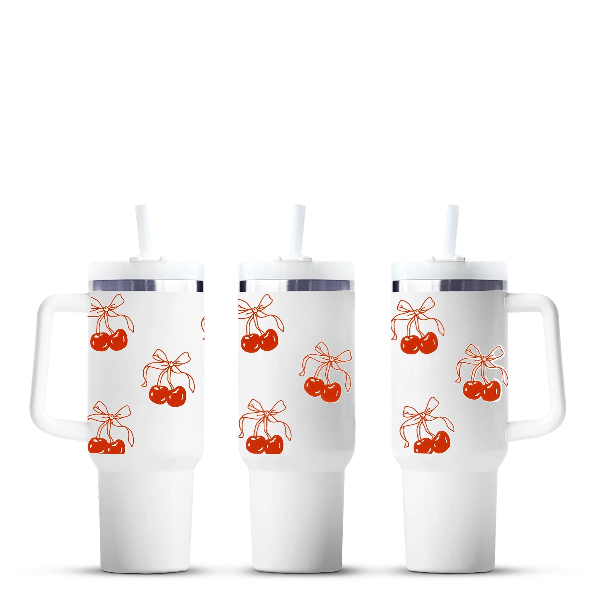 White tumbler cups with cherry and bow design, Master Maker Crafts wholesale Ohio. DIY Craft Warehouse