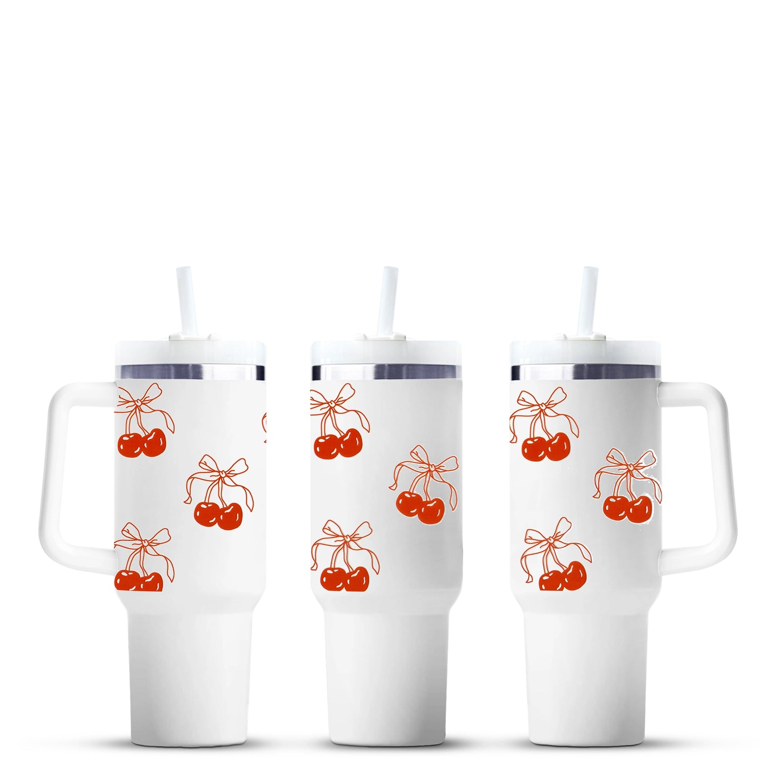White tumbler cups with cherry and bow design, Master Maker Crafts wholesale Ohio.
