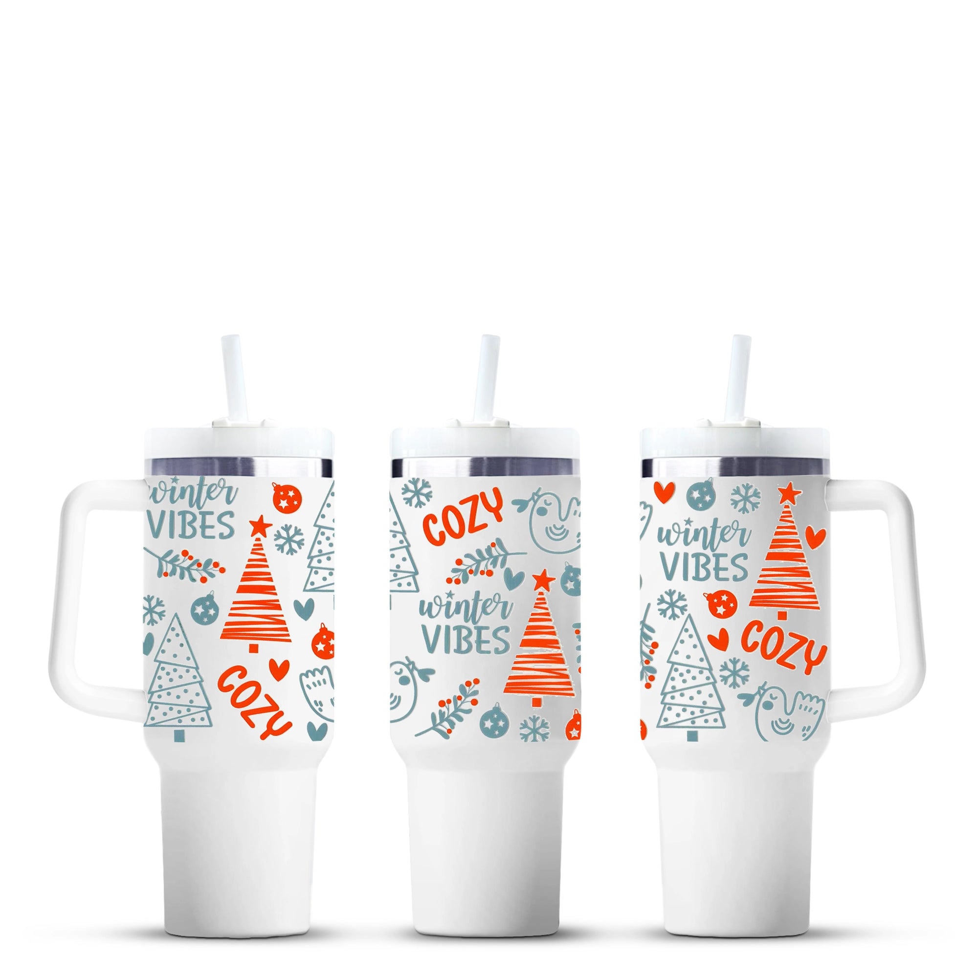 Cozy Christmas blue and red 40oz tumbler with winter vibes and festive tree designs, Master Maker Crafts wholesale, fast shipping Ohio DIY Craft Warehouse