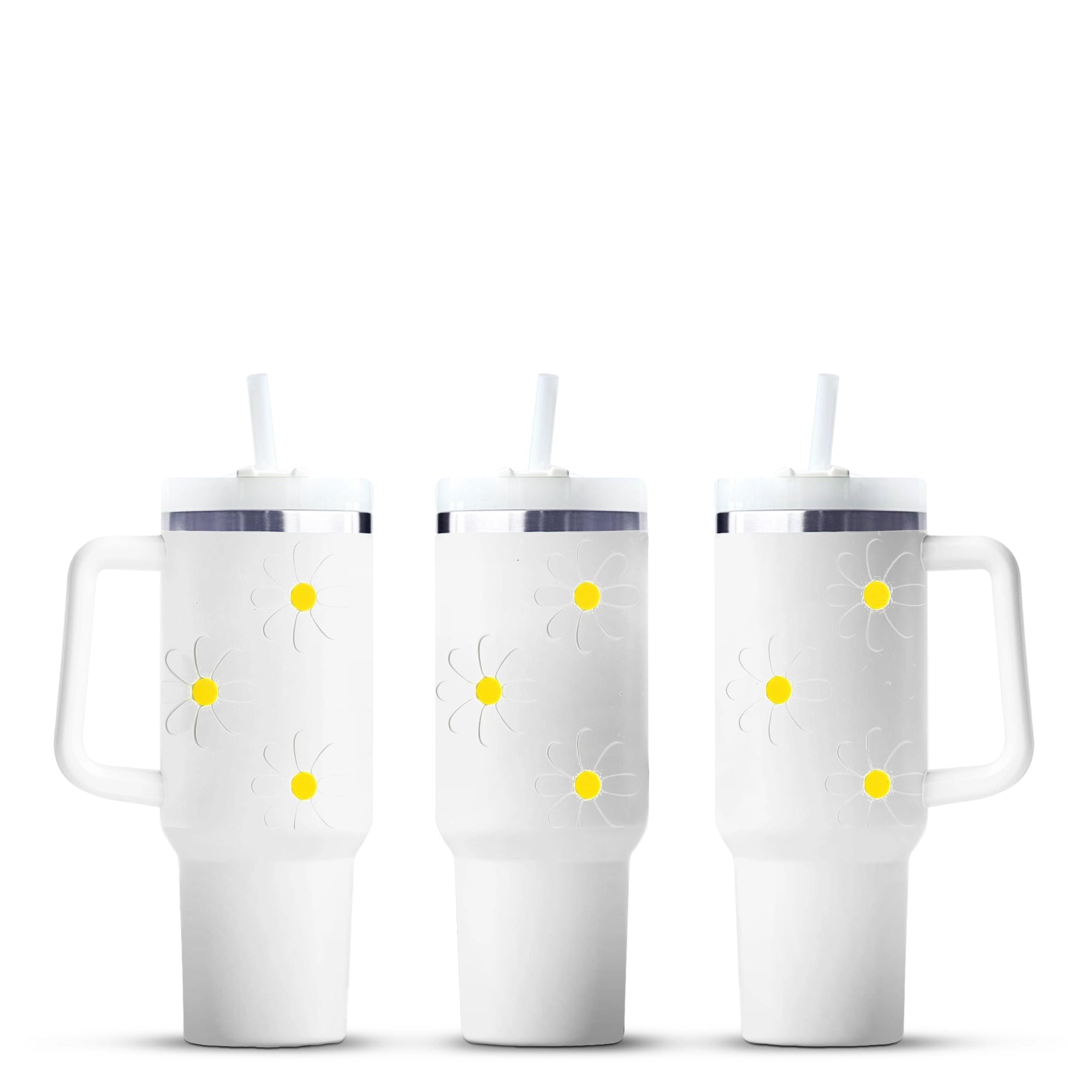 Three white handled tumblers with daisy flower design, Master Maker Crafts wholesale, Ohio DIY Craft Warehouse