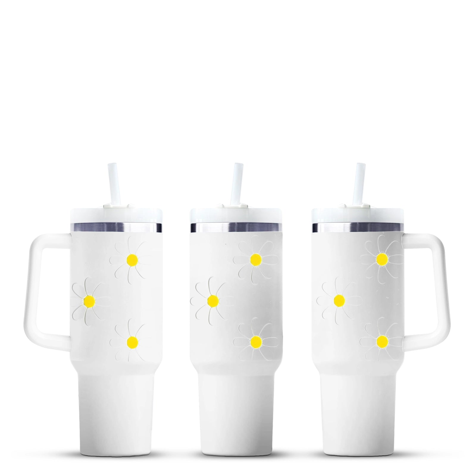 Three white handled tumblers with daisy flower design, Master Maker Crafts wholesale, Ohio