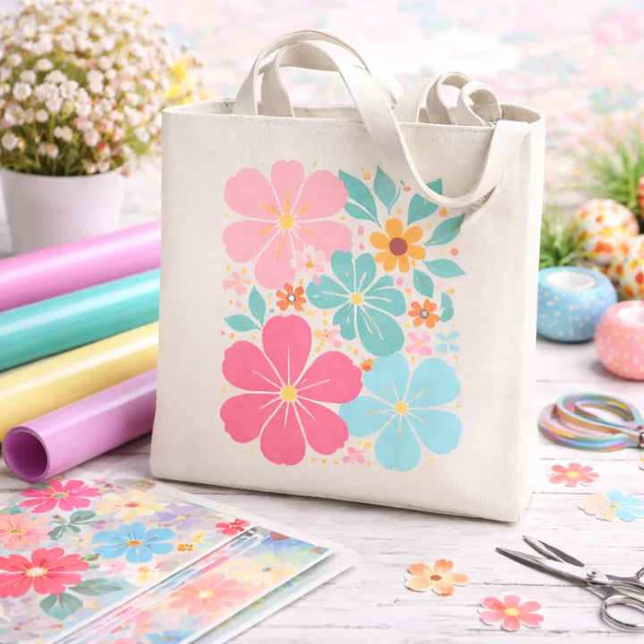 Tote bag with floral design on a table with craft supplies