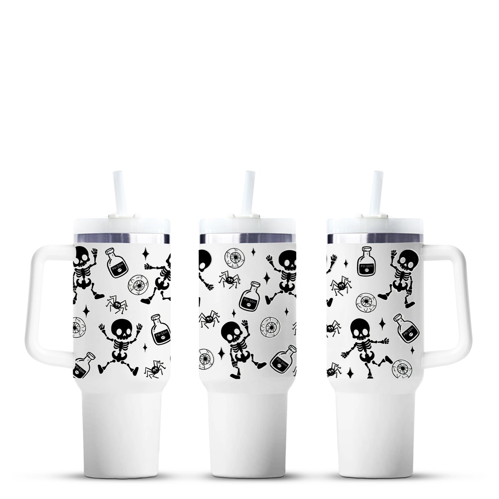 Dancing skeleton 40oz tumbler with black Halloween icons, Master Maker Crafts, wholesale fast shipping Ohio