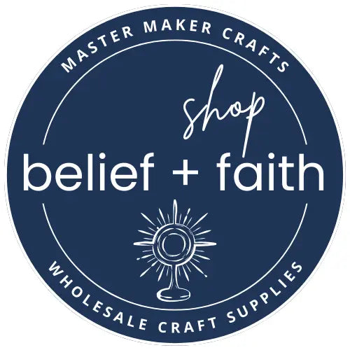 Logo for Master Maker Crafts Shop belief + faith with a circular design and text. DIY Craft Warehouse
