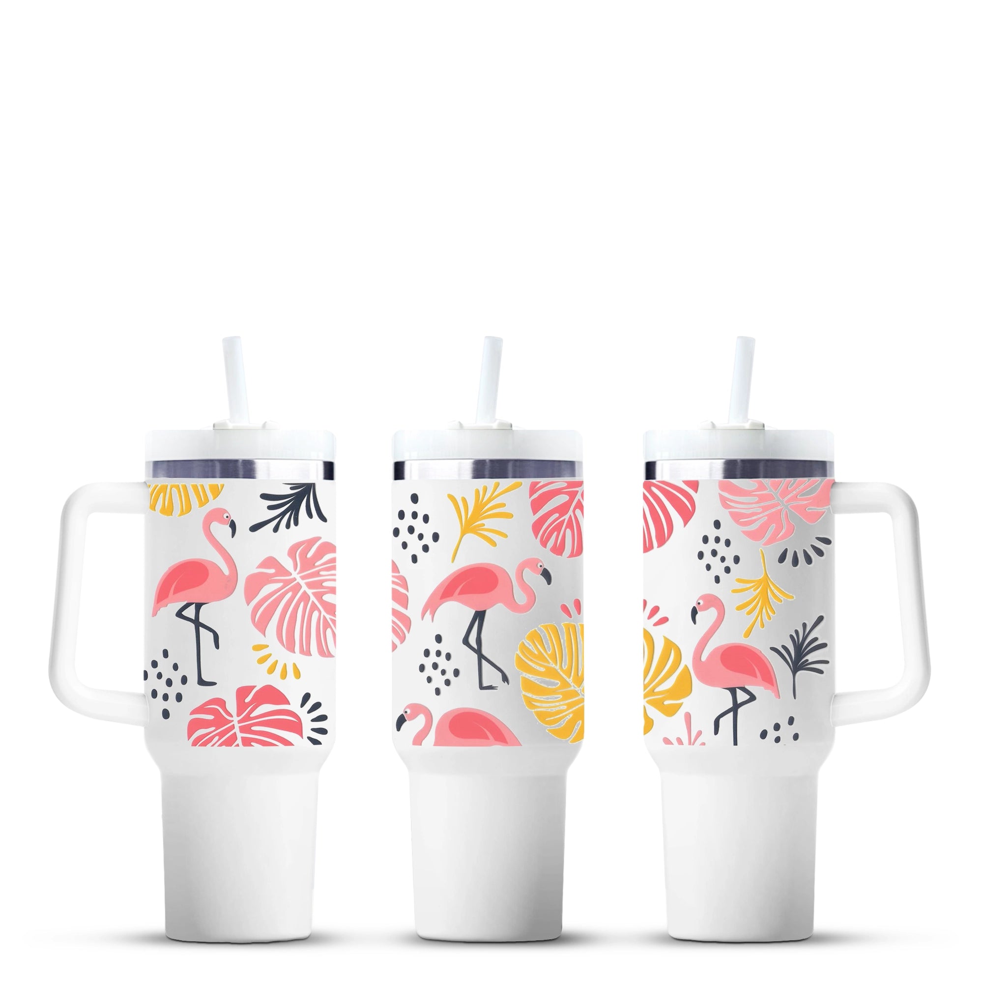 Tropical flamingo tumblers with pink and yellow leaf design, wholesale craft supplies by Master Maker Crafts, fast shipping Ohio. DIY Craft Warehouse