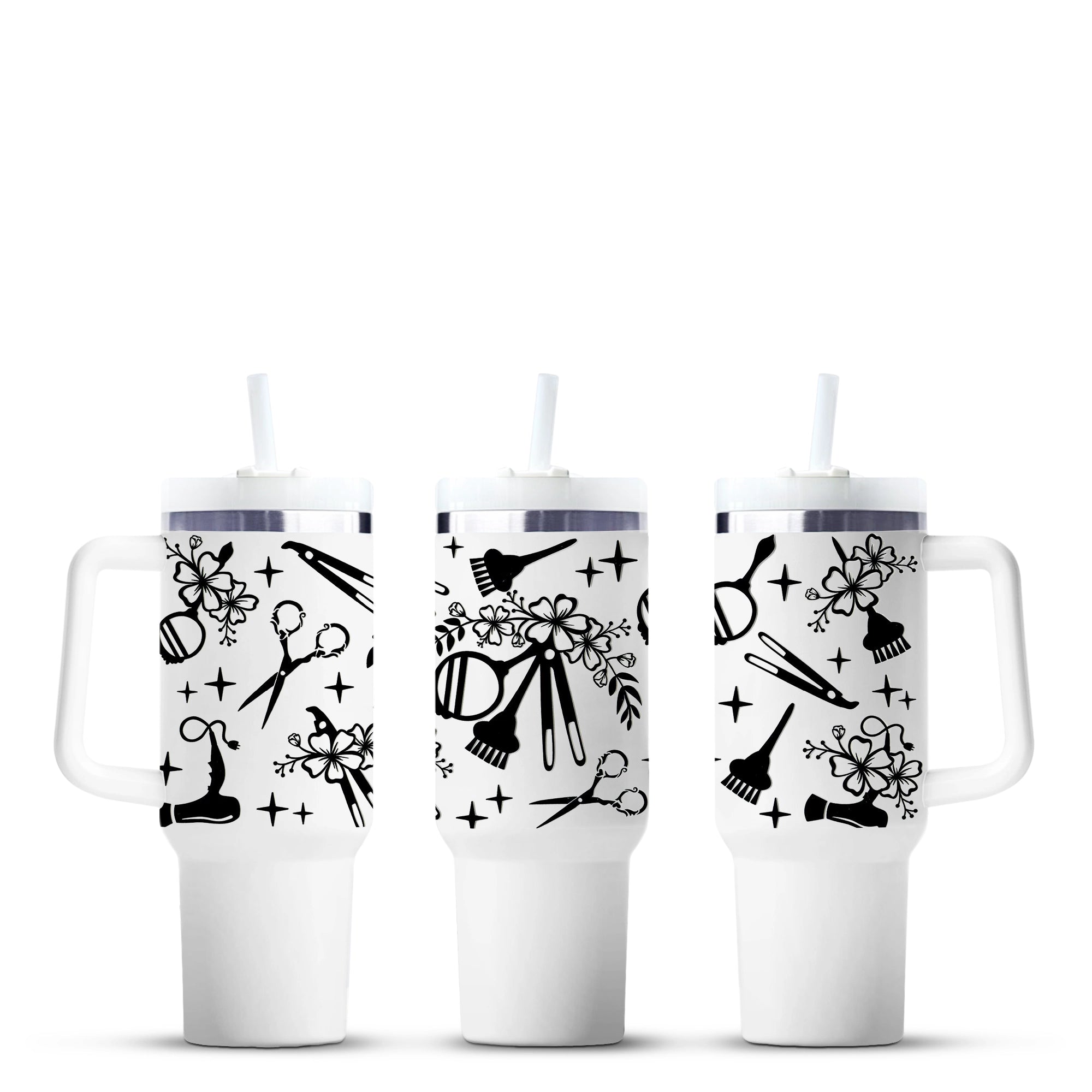 Salon-themed 40oz tumblers with black hair styling tool designs, Master Maker Crafts Ohio. DIY Craft Warehouse