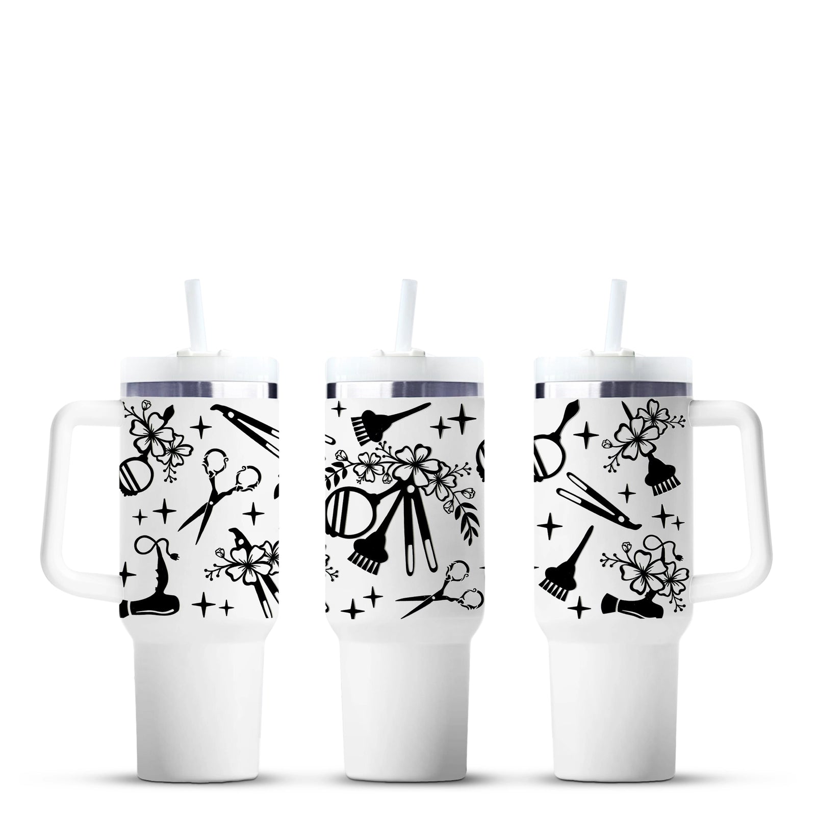 Salon-themed 40oz tumblers with black hair styling tool designs, Master Maker Crafts Ohio.