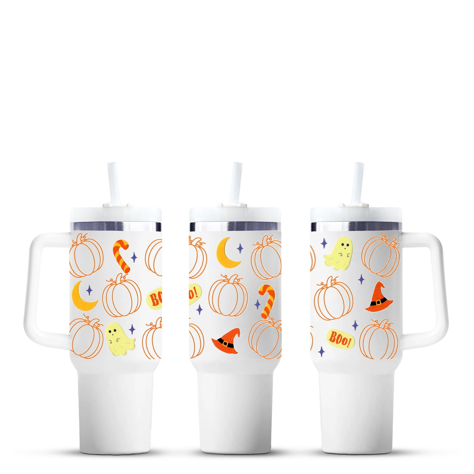 Halloween themed 40oz tumbler with pumpkins, ghosts, and witch hats, Master Maker Crafts, wholesale craft supplies, fast shipping Ohio. DIY Craft Warehouse