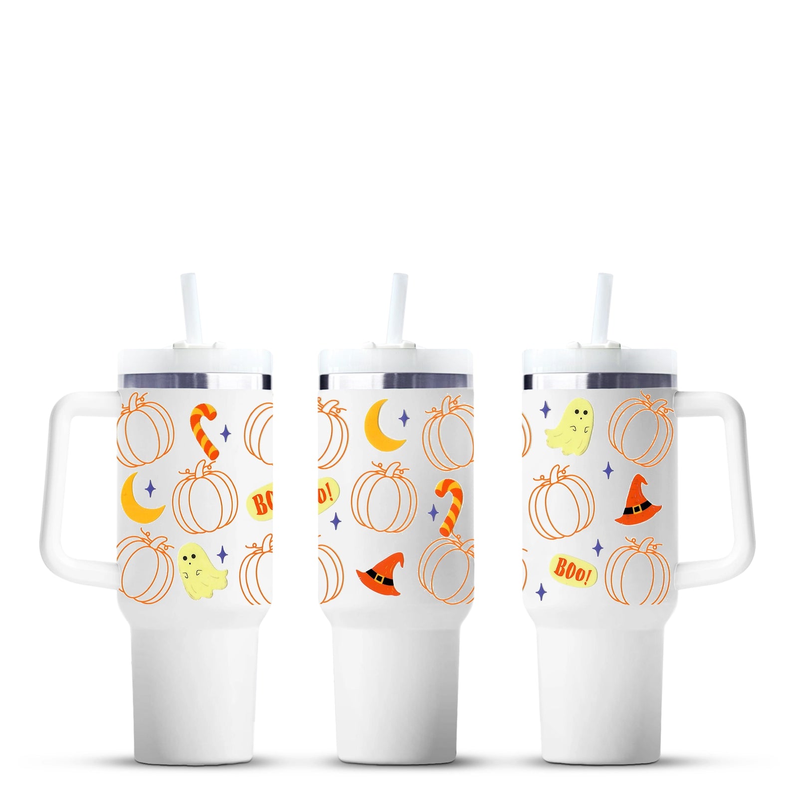 Halloween themed 40oz tumbler with pumpkins, ghosts, and witch hats, Master Maker Crafts, wholesale craft supplies, fast shipping Ohio.