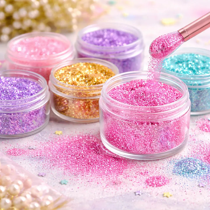 Colorful glitter jars with a pink glitter container being opened on a blurred background.