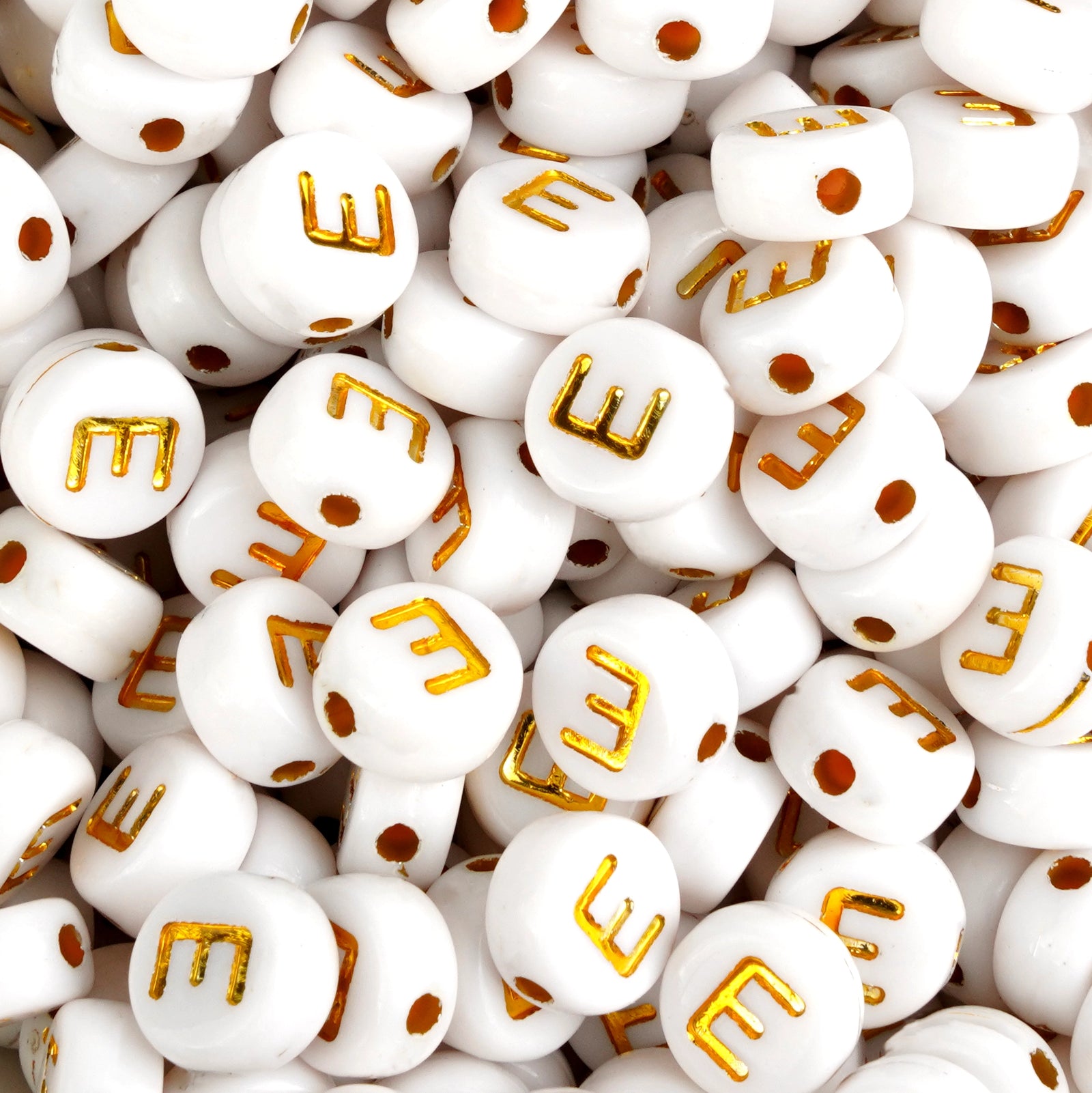 Gold E letter beads, white round, Master Maker Crafts wholesale craft supplies Ohio