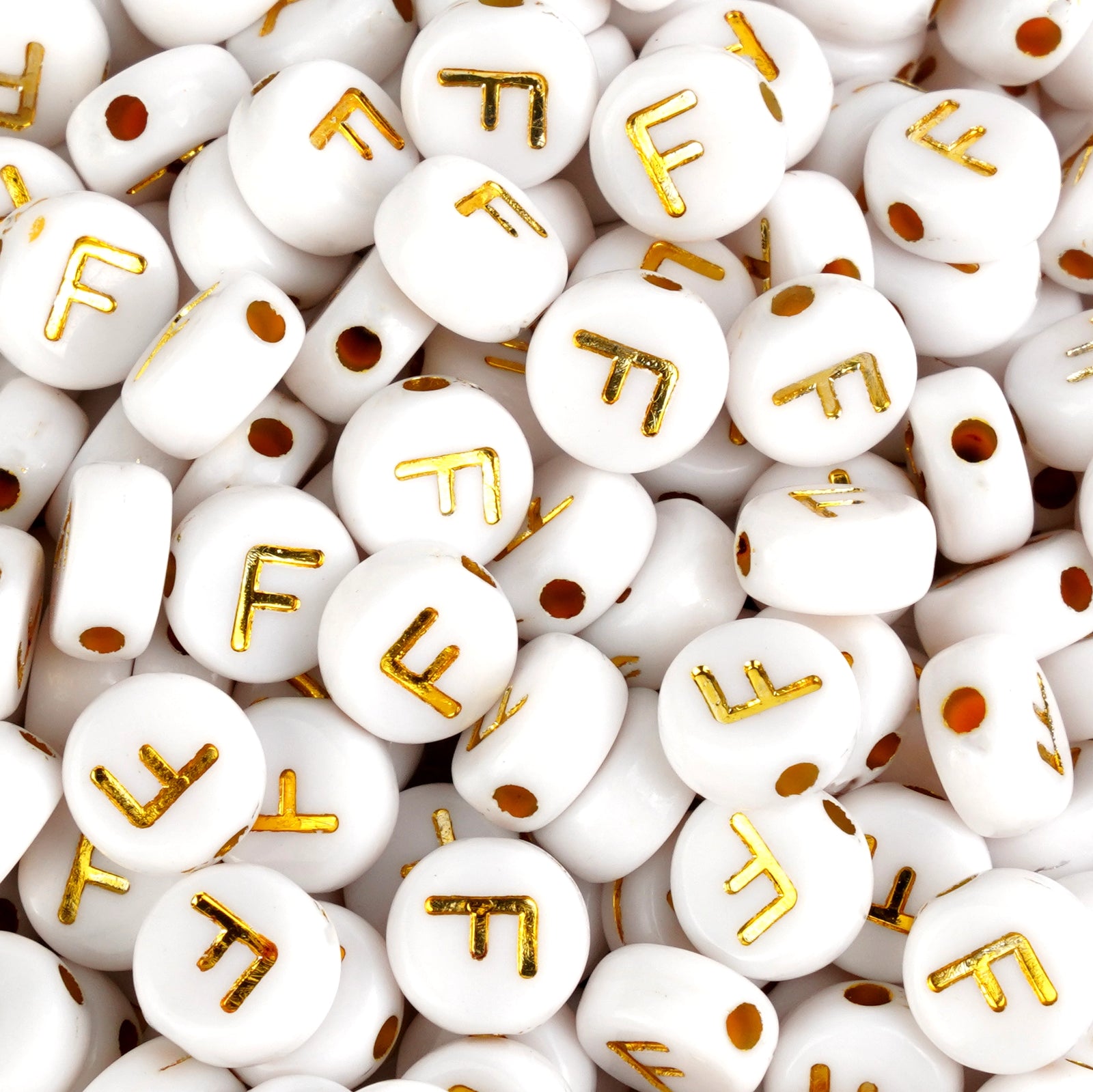 Gold letter F round white beads, Master Maker Crafts wholesale craft supplies, fast shipping Ohio