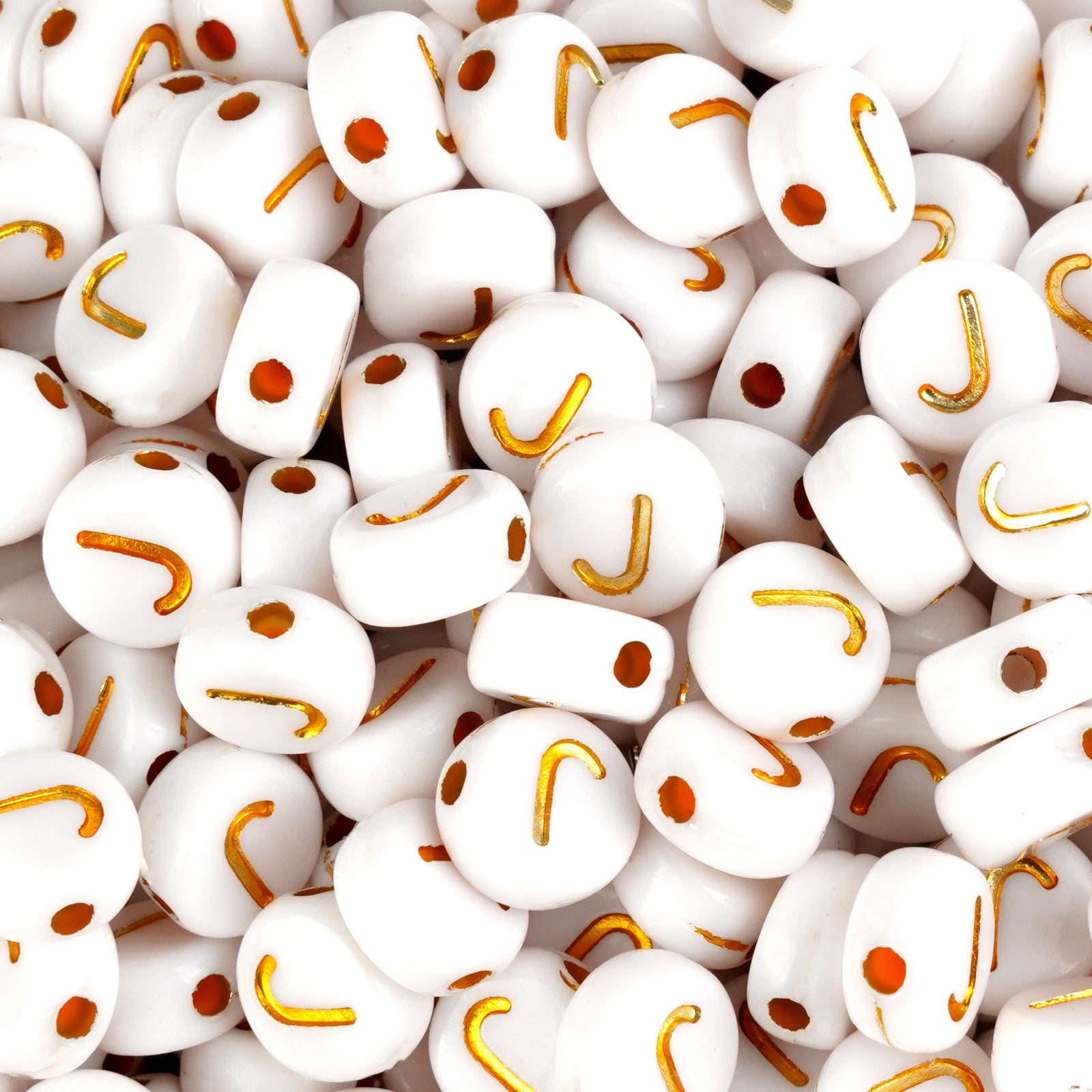 White beads with gold letter J, Master Maker Crafts wholesale craft supplies Ohio
