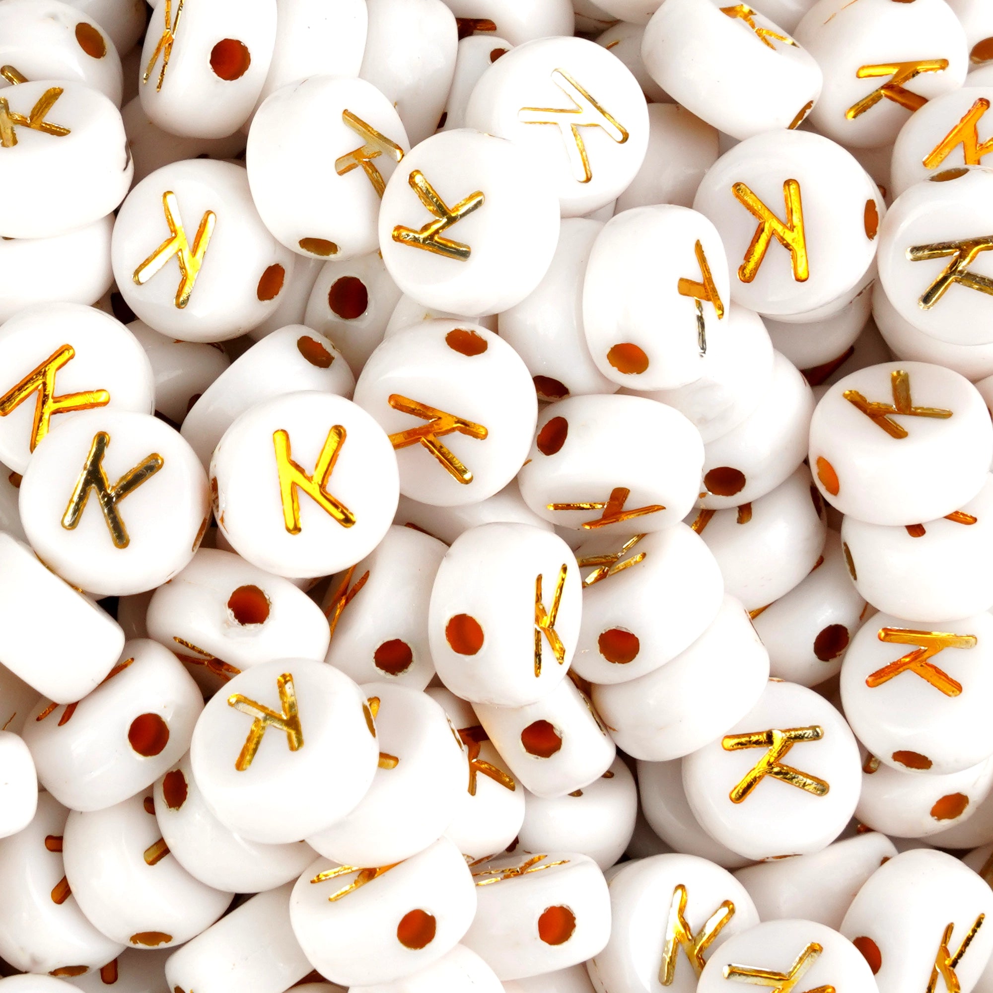 White round craft beads with gold letter K, Master Maker Crafts wholesale supplies Ohio DIY Craft Warehouse