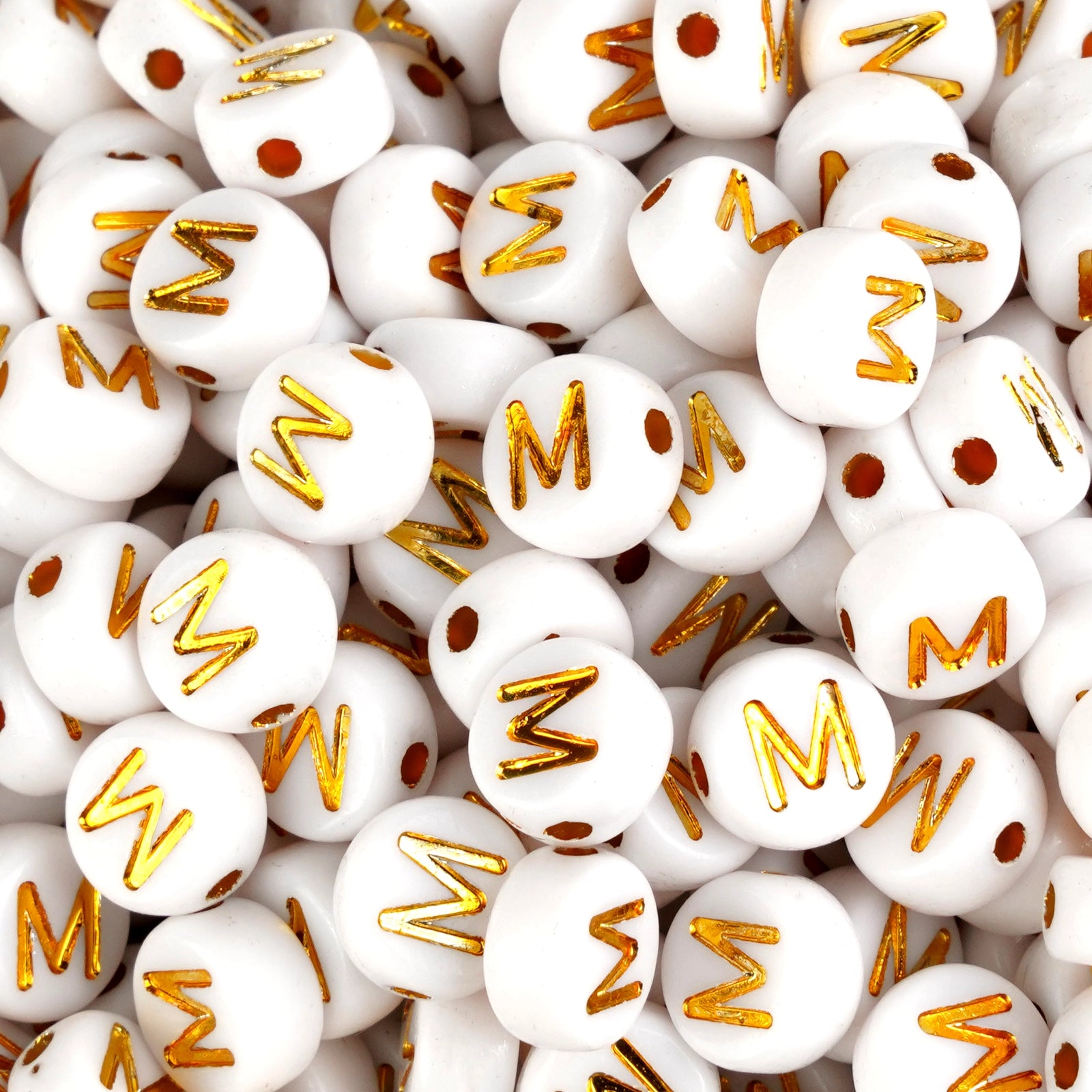 Gold M letter beads, wholesale craft supplies from Master Maker Crafts, fast shipping Ohio