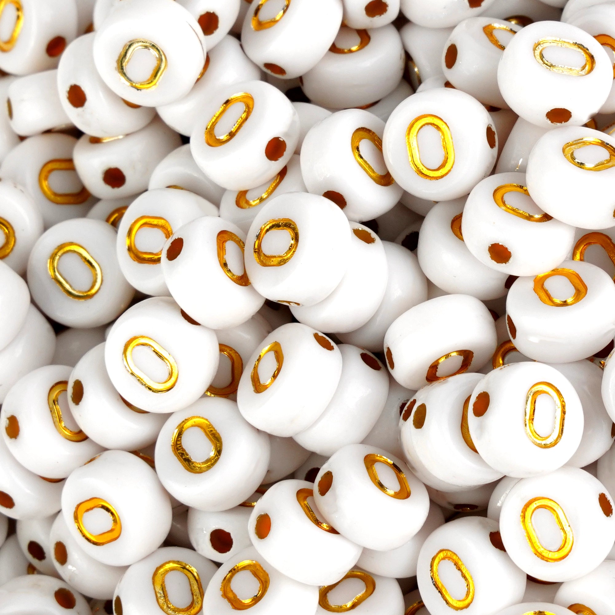 White beads with gold O design, Master Maker Crafts, wholesale craft supplies, Ohio shipping DIY Craft Warehouse