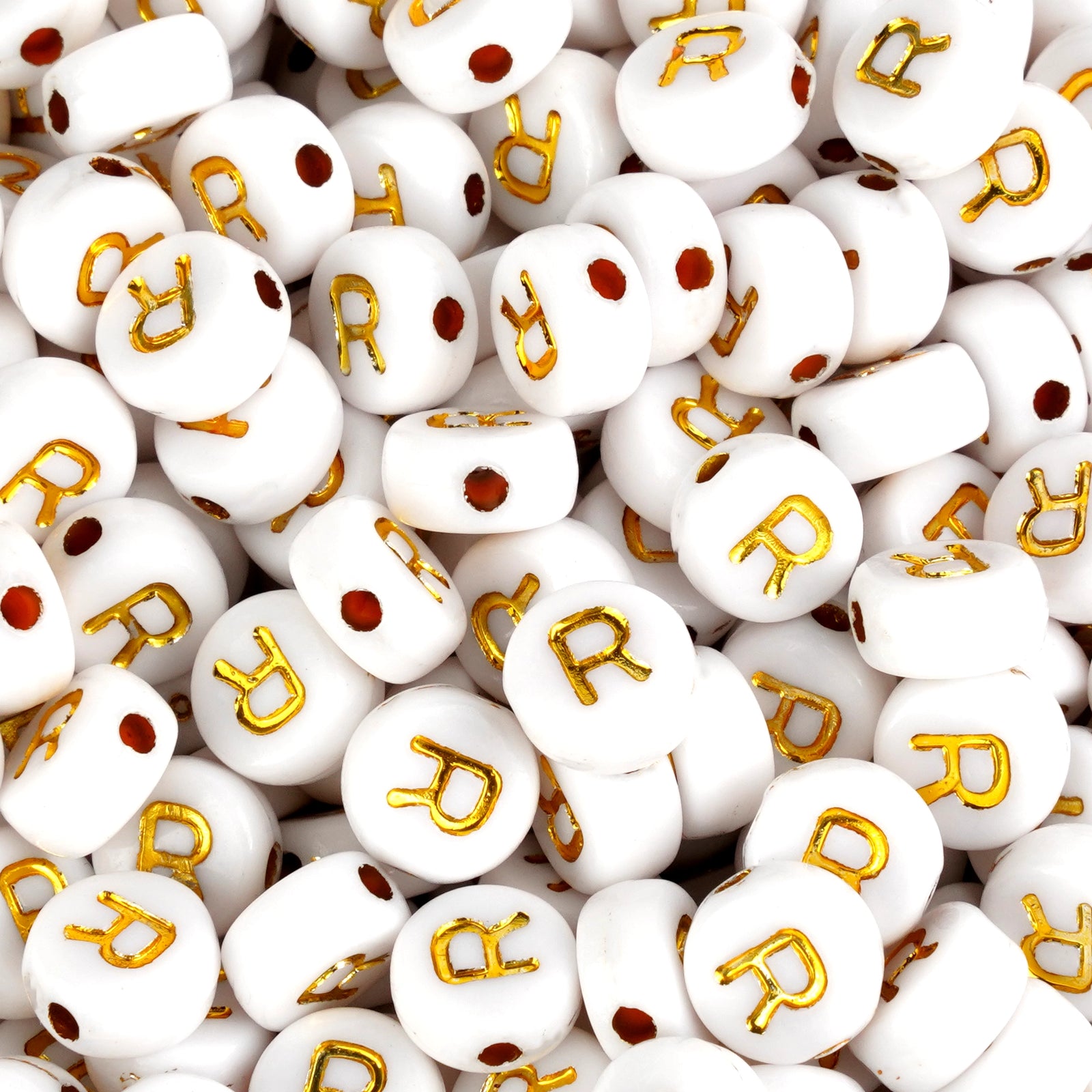 White round letter R beads with gold lettering, Master Maker Crafts wholesale Ohio supplies