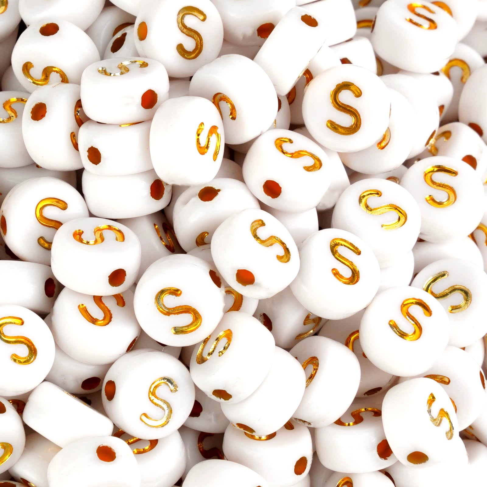 White round beads with gold S letters, Master Maker Crafts, wholesale craft supplies Ohio