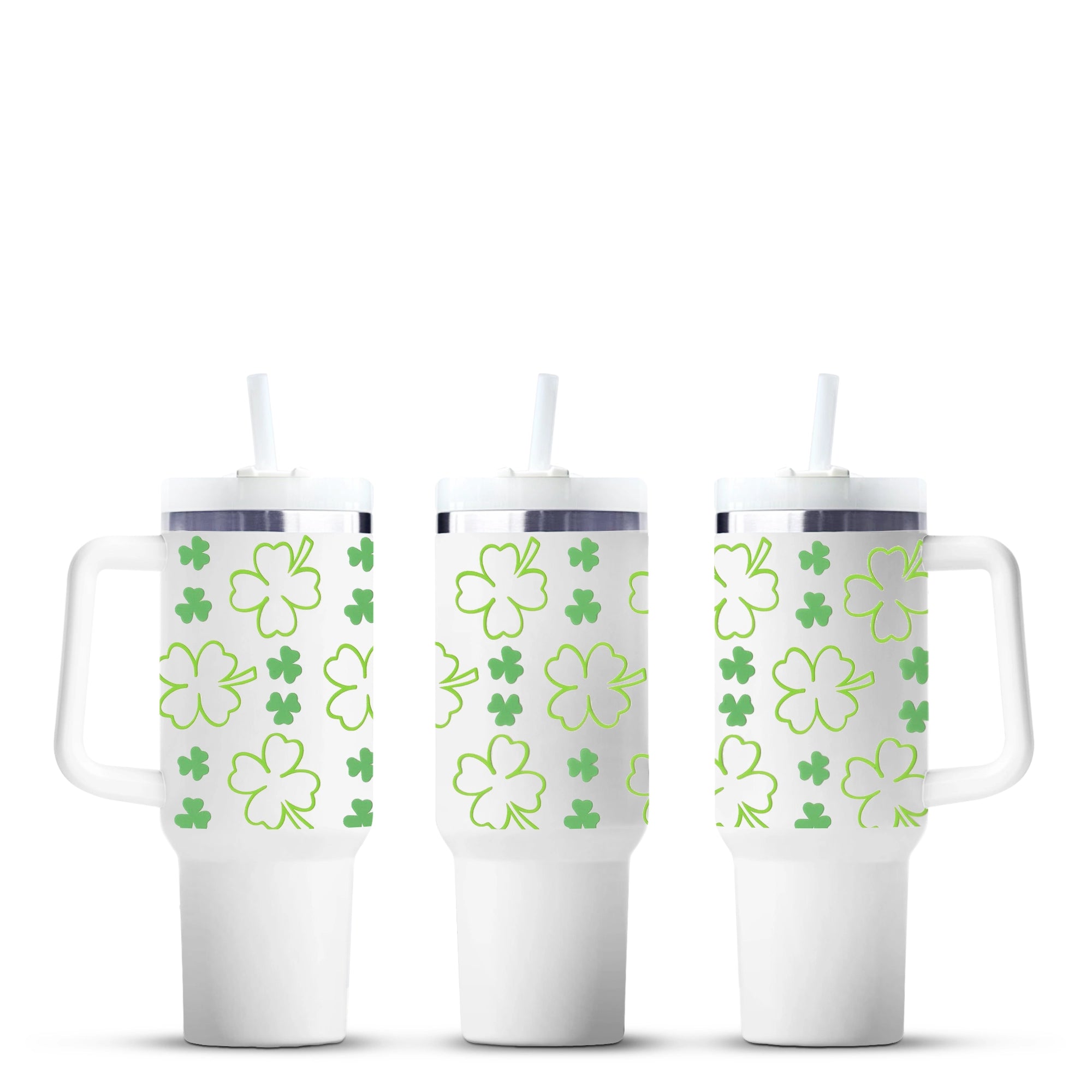Three white tumblers with green shamrock clover print, Master Maker Crafts wholesale Ohio DIY Craft Warehouse