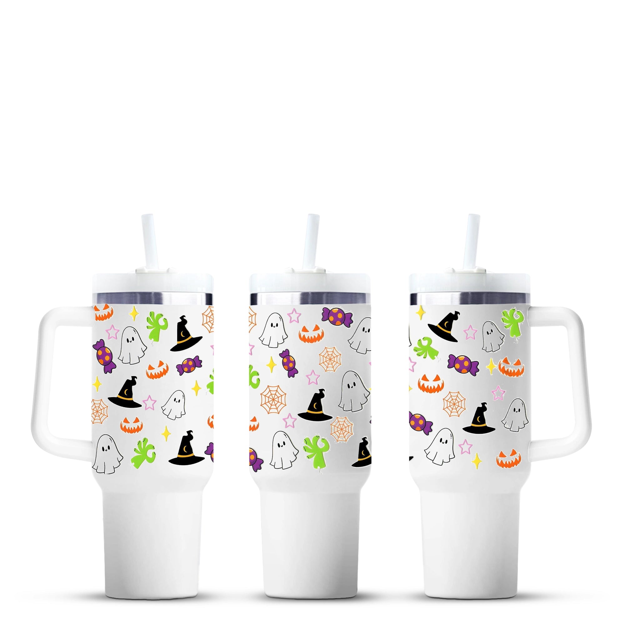 Halloween 40oz tumblers with ghost, candy, pumpkin, and witch hat design, Master Maker Crafts wholesale, fast shipping Ohio DIY Craft Warehouse