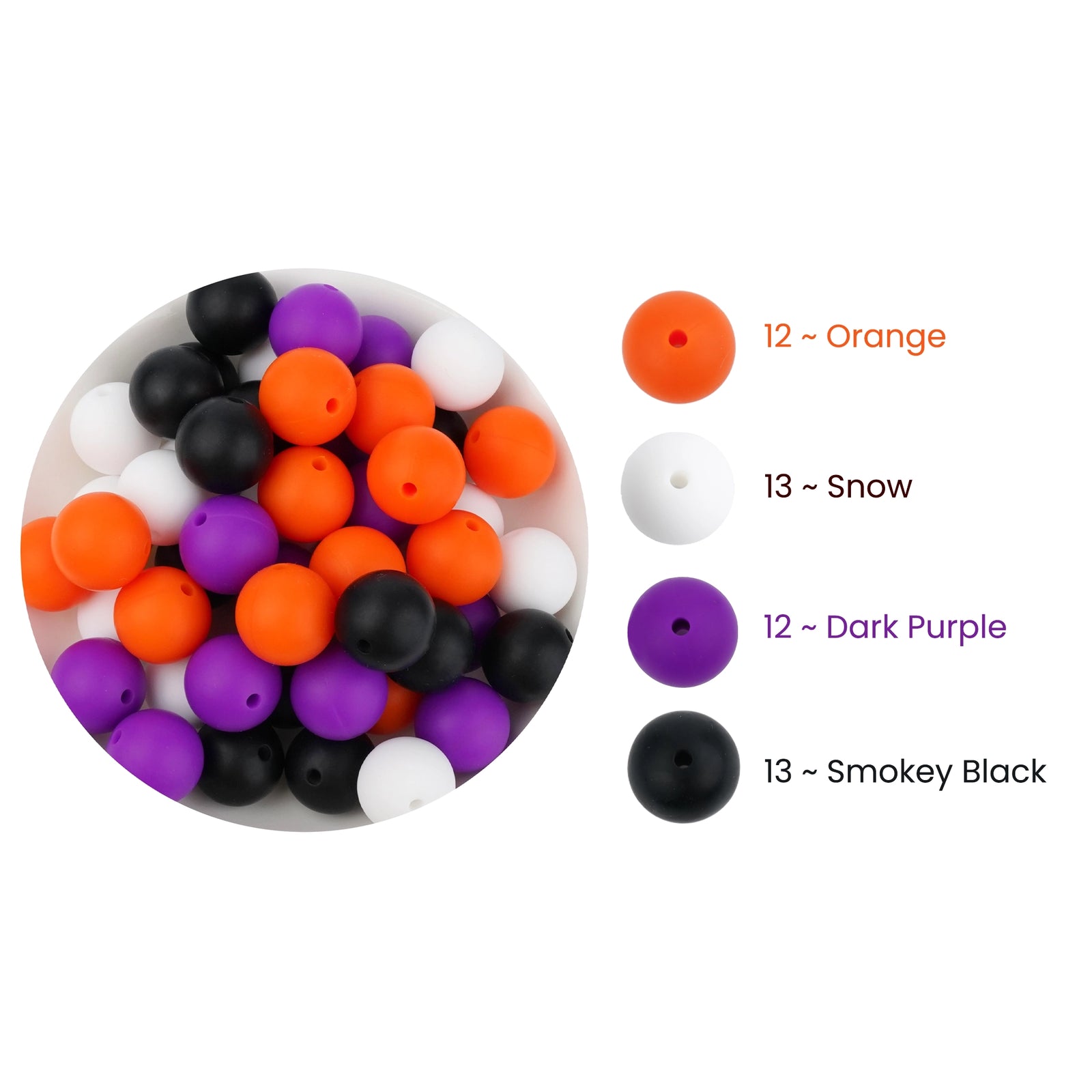 Halloween Spirit silicone beads in orange, snow white, dark purple, smokey black by Master Maker Crafts - Wholesale Craft Supplies, fast shipping Ohio.