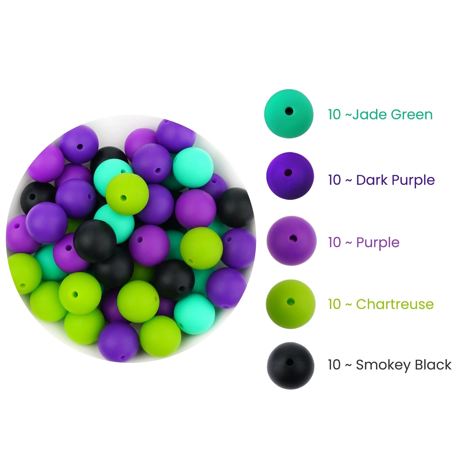 Colorful round craft beads in jade green, dark purple, purple, chartreuse, and black from Master Maker Crafts - Wholesale Craft Supplies - Fast Shipping Ohio.