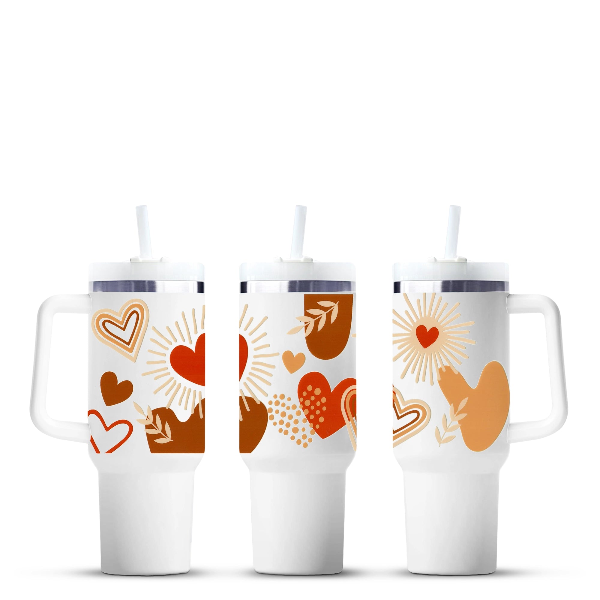 White travel mugs with colorful heart designs, Master Maker Crafts, wholesale craft supplies, Ohio DIY Craft Warehouse