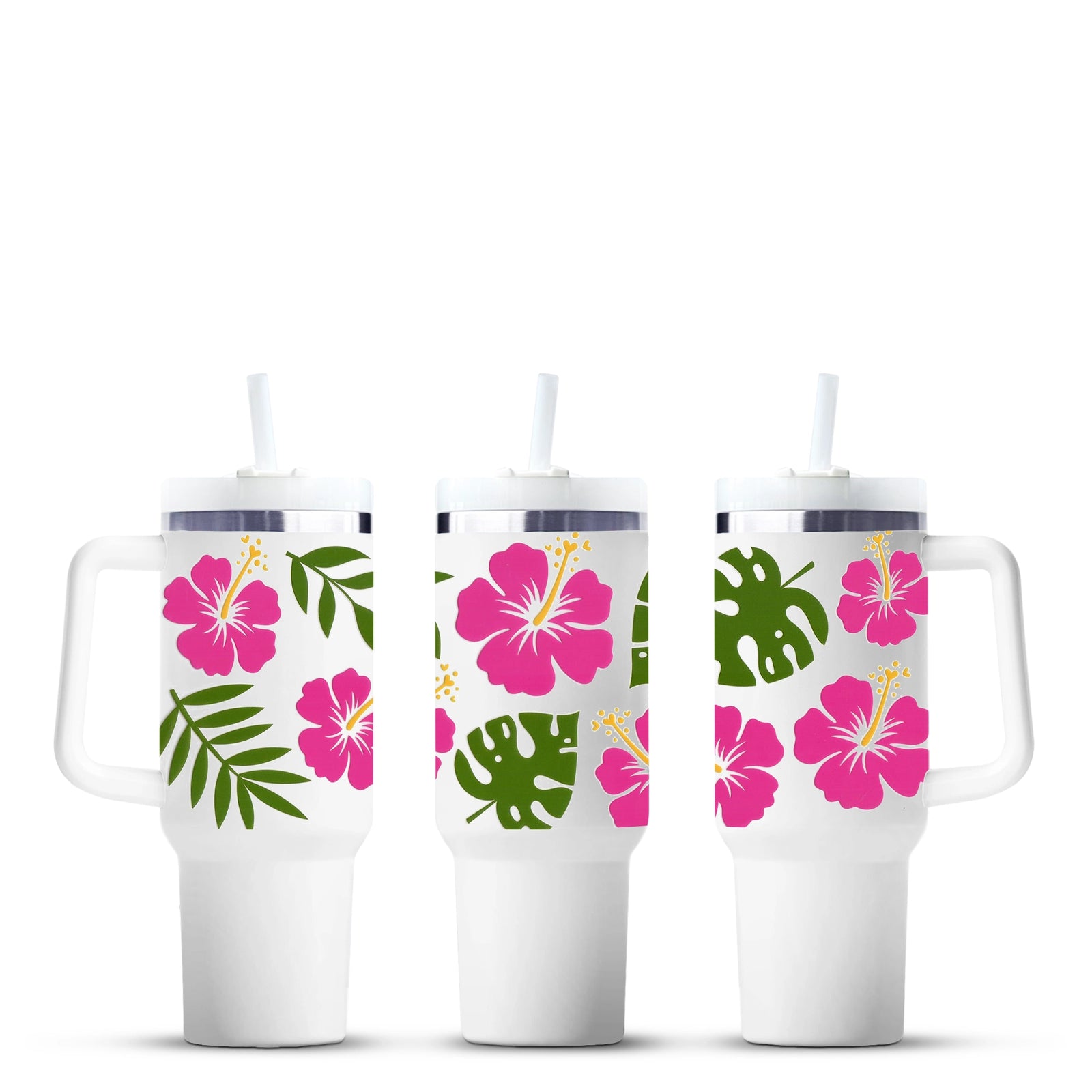 Tumbler with pink hibiscus flowers, green leaves, Master Maker Crafts wholesale craft supplies Ohio
