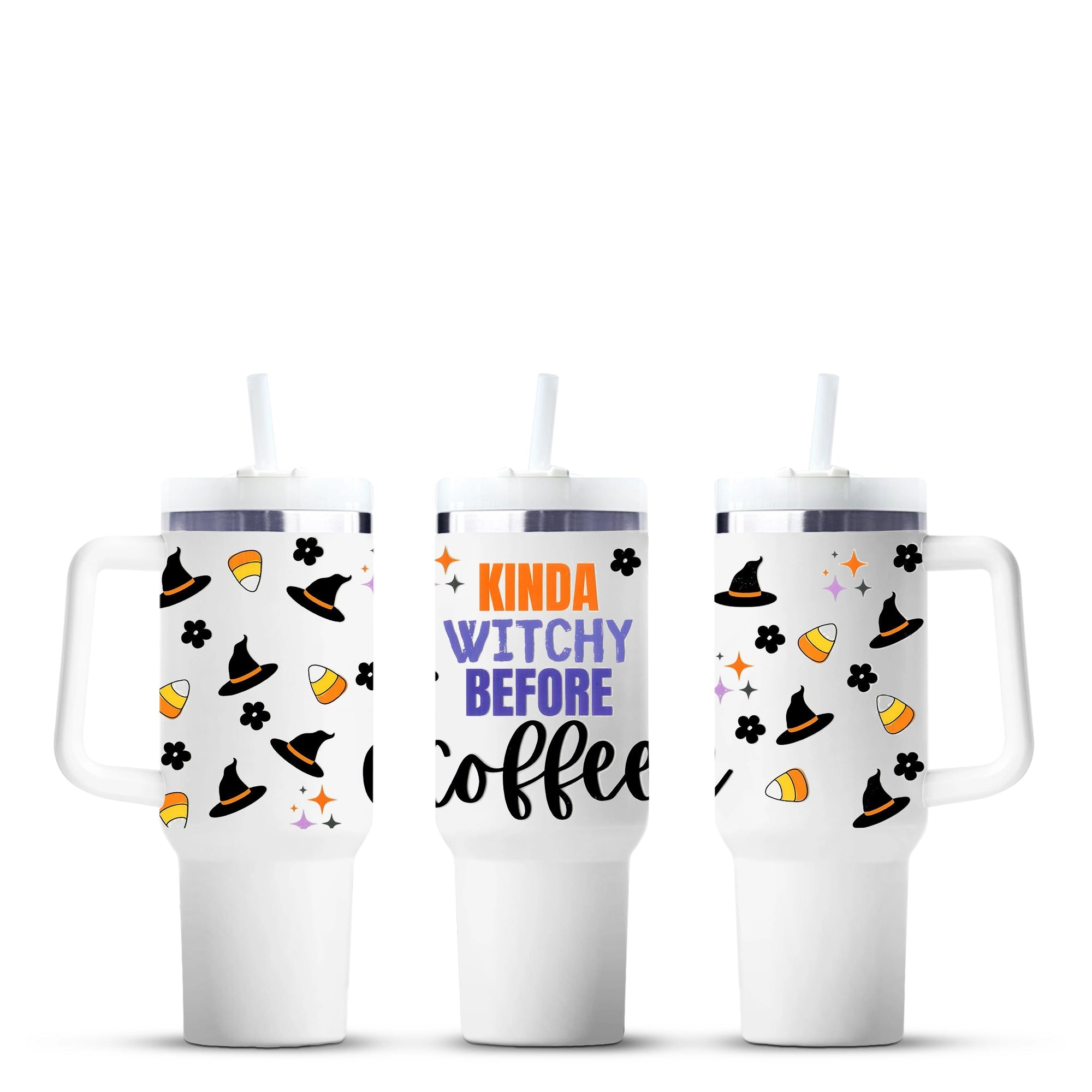 Kinda Witchy Before Coffee 40oz tumbler with witch hats and candy corn, Master Maker Crafts, Ohio wholesale craft supplies. DIY Craft Warehouse