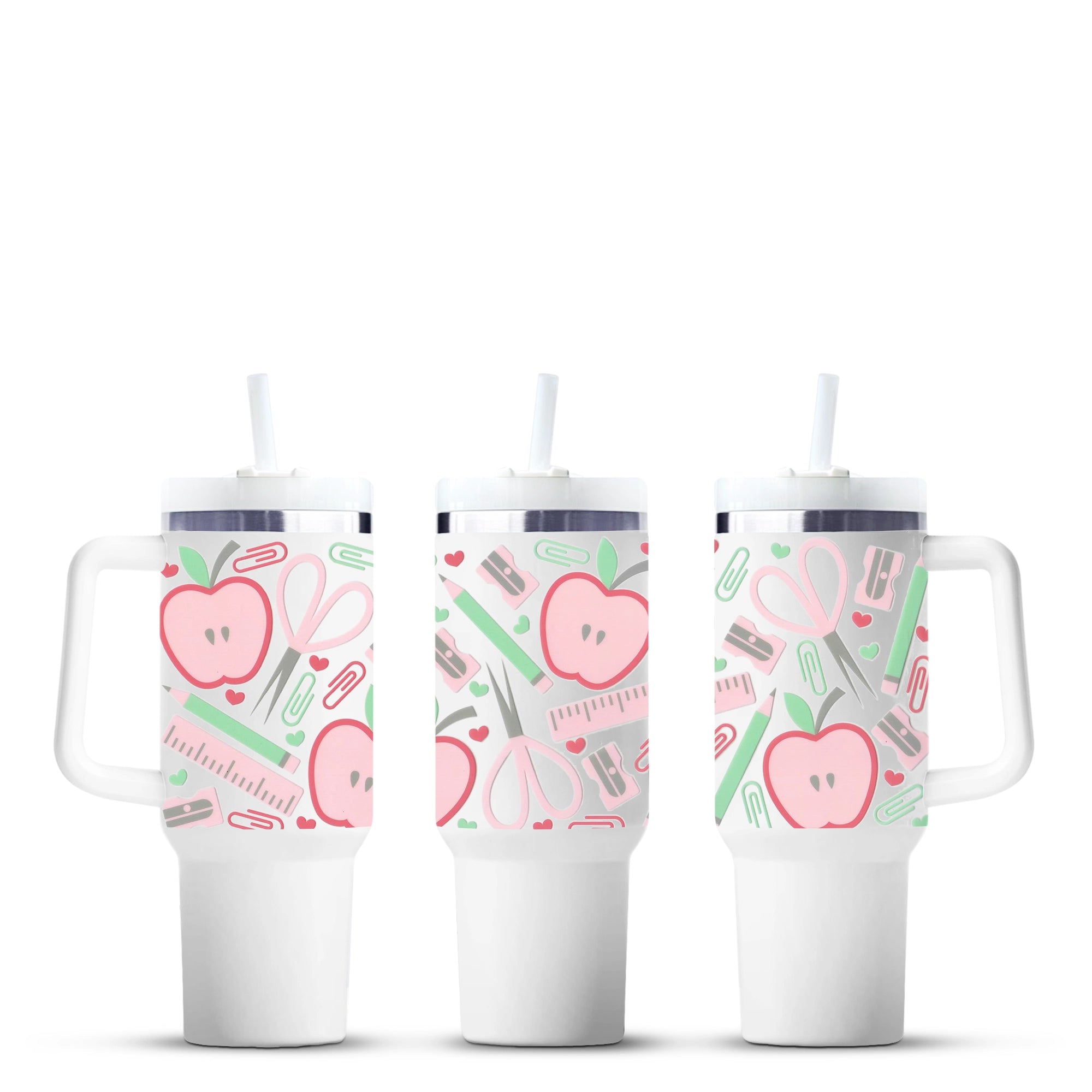 Teacher-themed tumbler with apple, scissors, ruler, office supplies, Master Maker Crafts, wholesale Ohio DIY Craft Warehouse