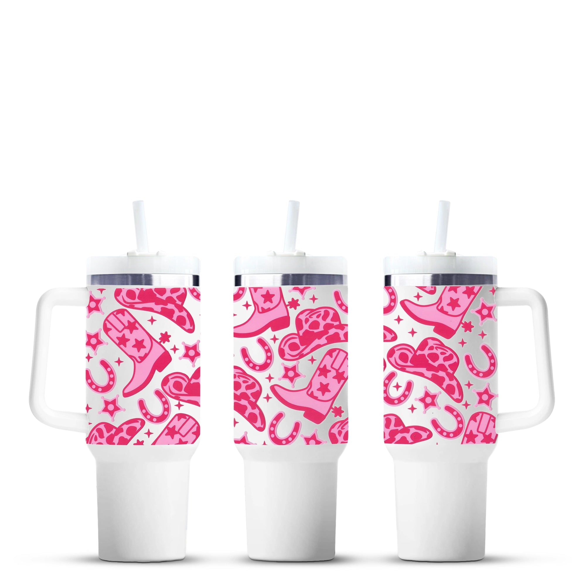 Pink western-themed travel mugs with boots and hats, Master Maker Crafts wholesale Ohio DIY Craft Warehouse