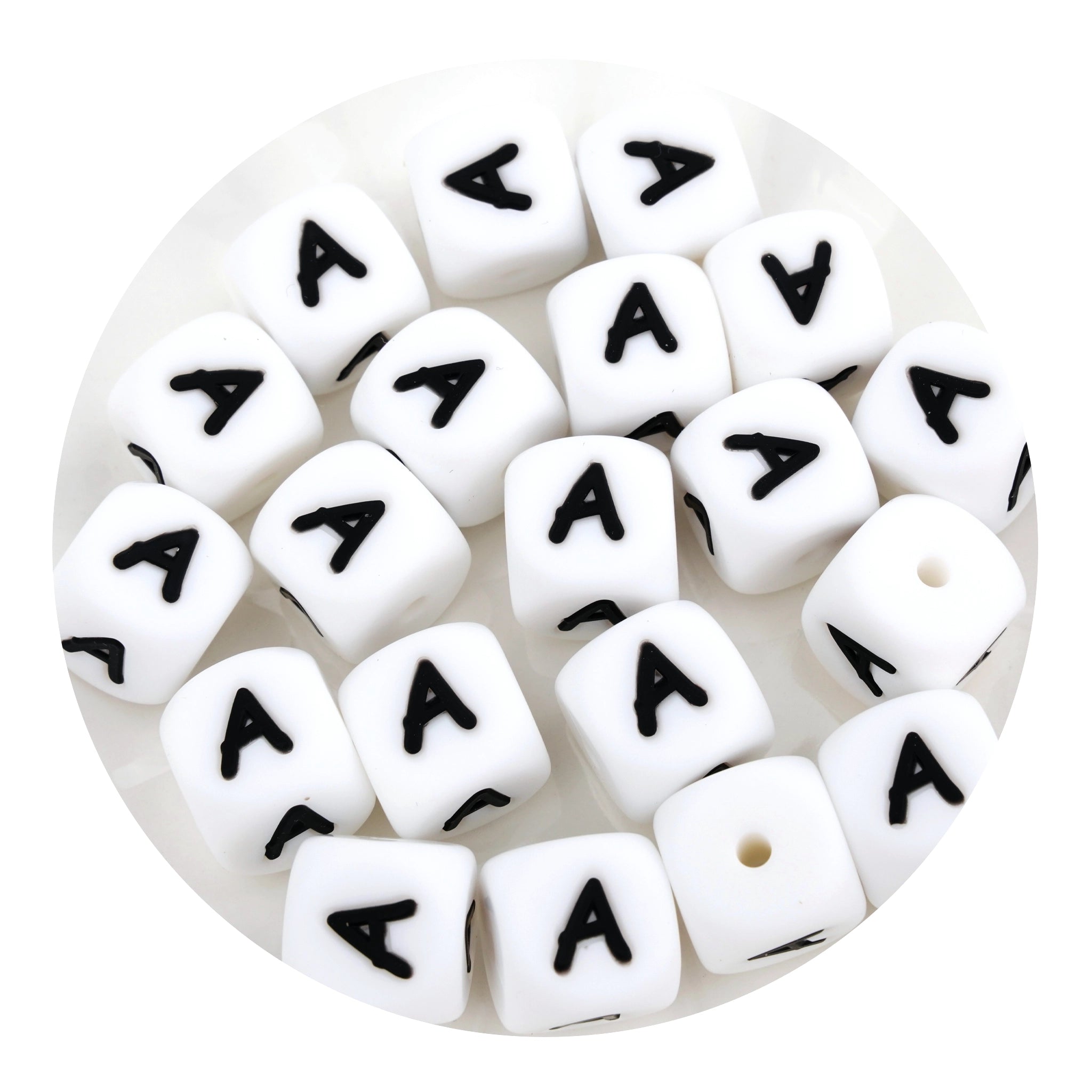 White silicone square beads with black letter A, Master Maker Crafts wholesale supplies Ohio DIY Craft Warehouse