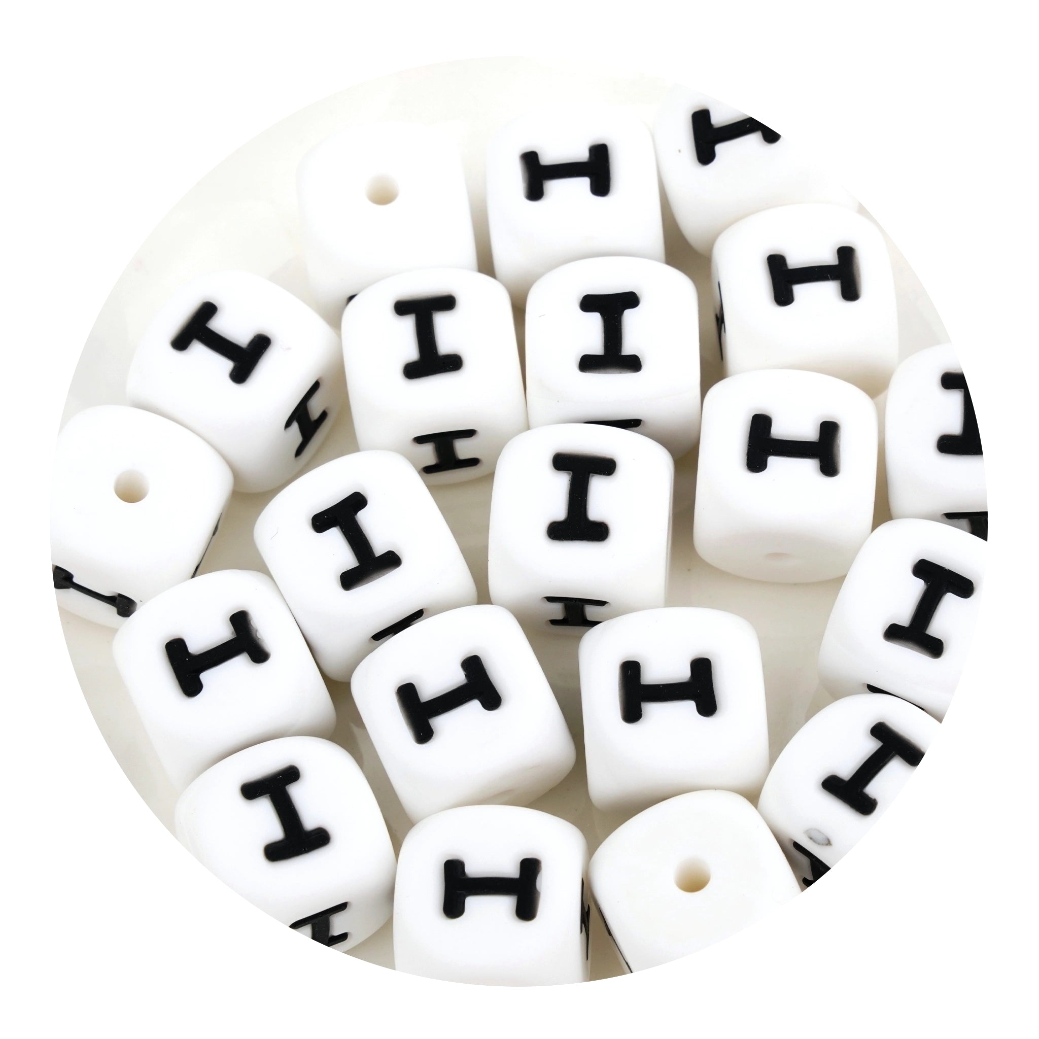White silicone square beads with black letter H, Master Maker Crafts, wholesale craft supplies Ohio DIY Craft Warehouse