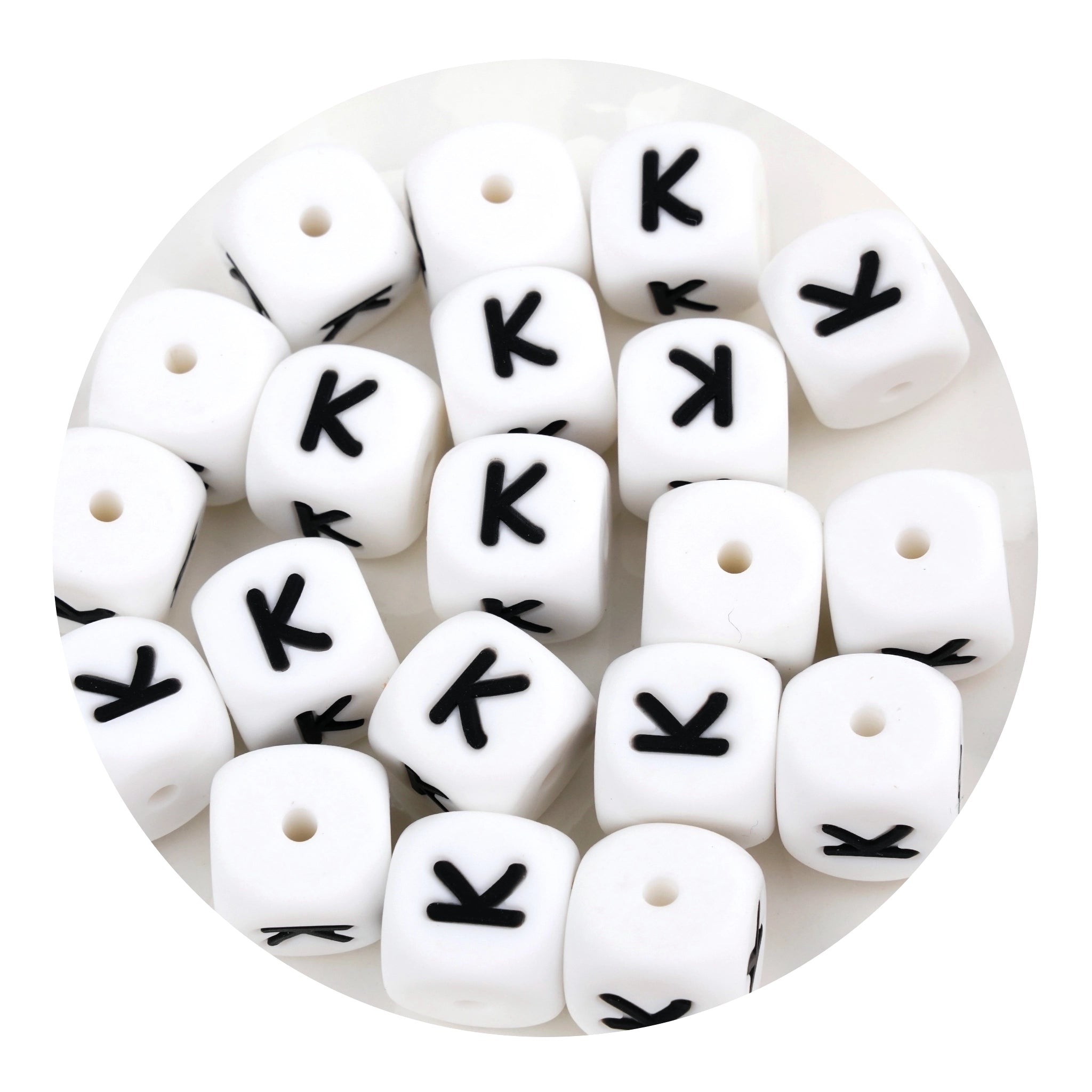 White silicone square beads with black letter K from Master Maker Crafts, wholesale craft supplies Ohio DIY Craft Warehouse
